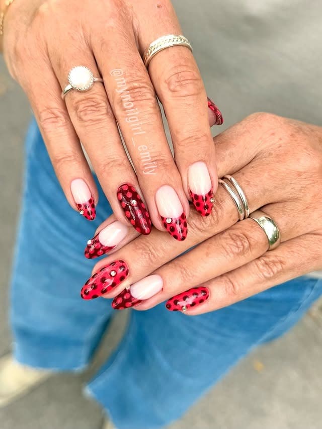 17. Red Ombre Almond Nails with Black Polka Dots and Rhinestones - nail ideas with gems