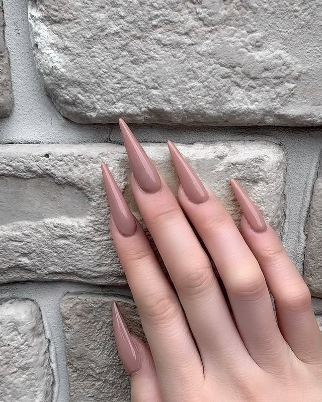 3. Nude Blush Stiletto Nails - one color nail ideas