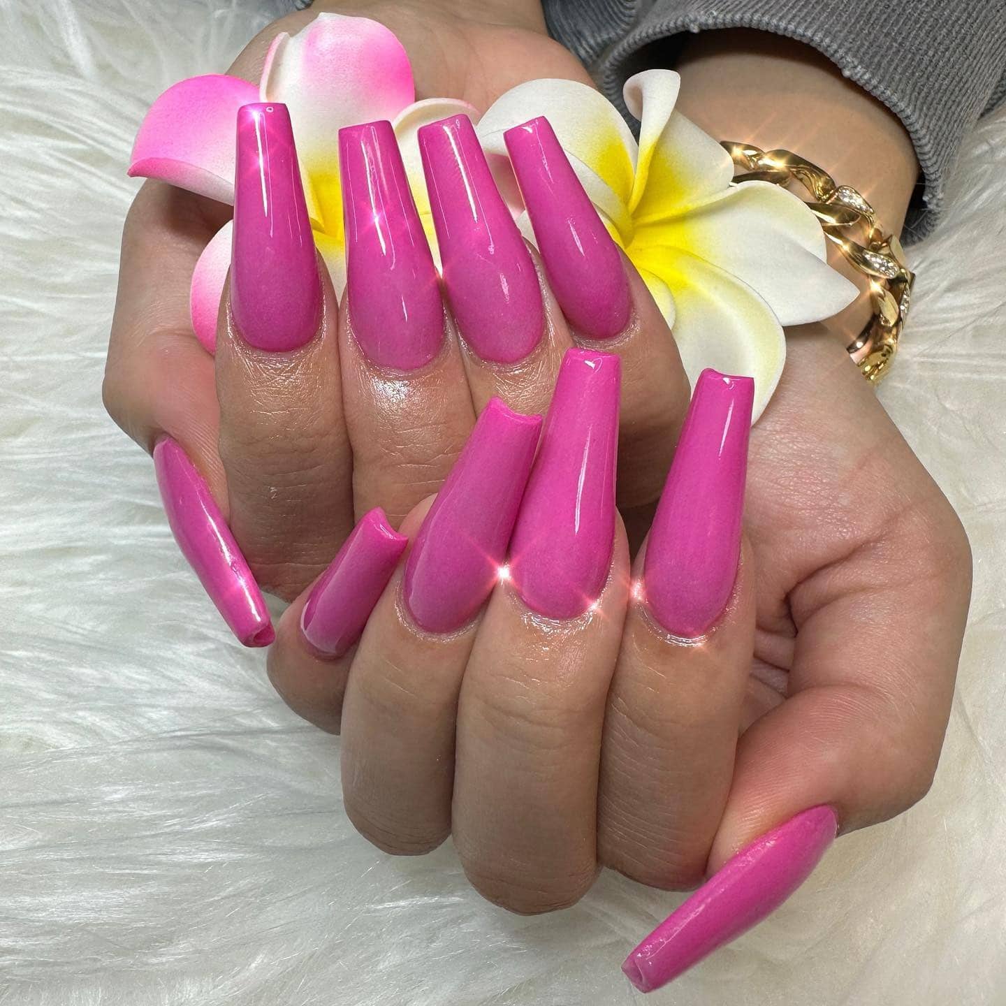 6. Vibrant Pink Extra Long Coffin Nails - one color nail ideas