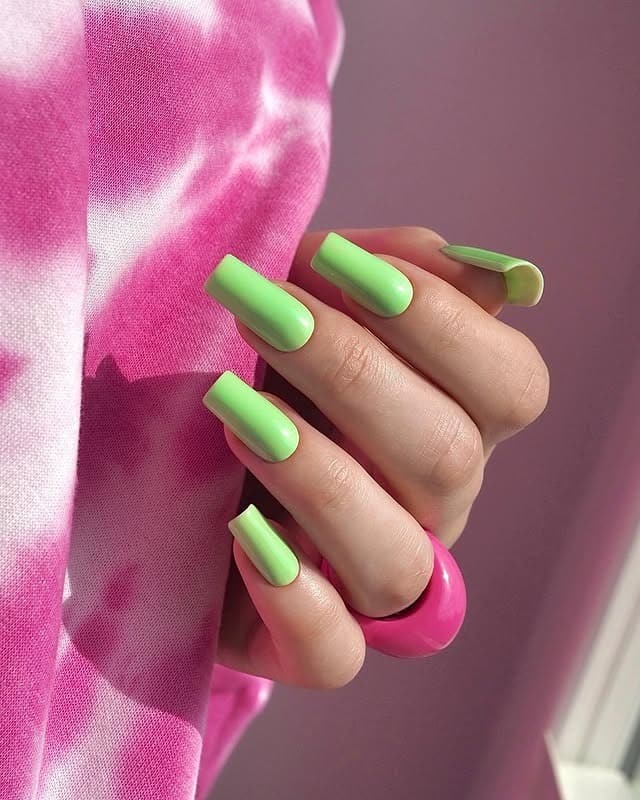 7. Lime Green Medium Square Nails - one color nail ideas