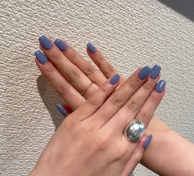 8. Dusty Blue Medium Square Nails - one color nail ideas