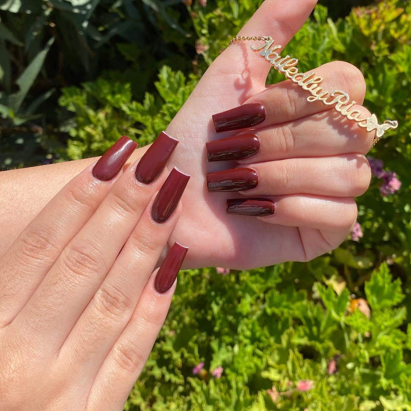 13. Deep Burgundy Long Square Nails - one color nail ideas
