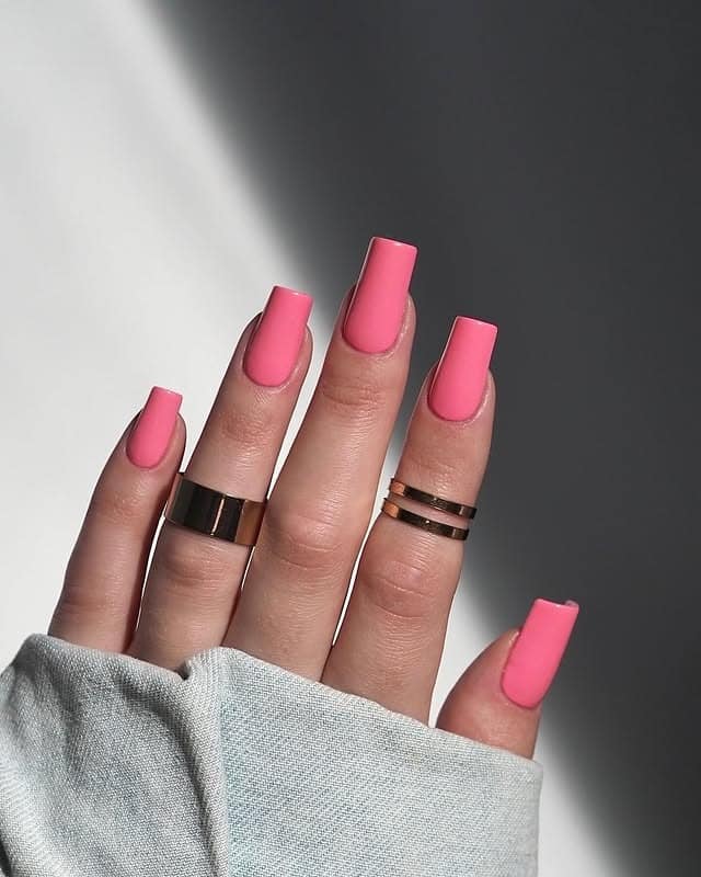 17. Soft Coral Pink Long Square Nails - one color nail ideas