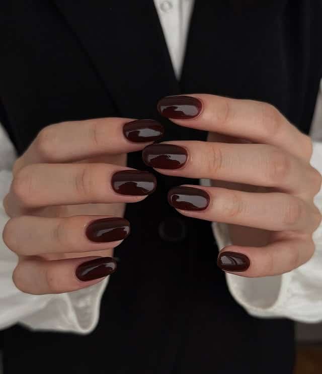 21. Glossy Espresso Brown Short Oval Nails - one color nail ideas