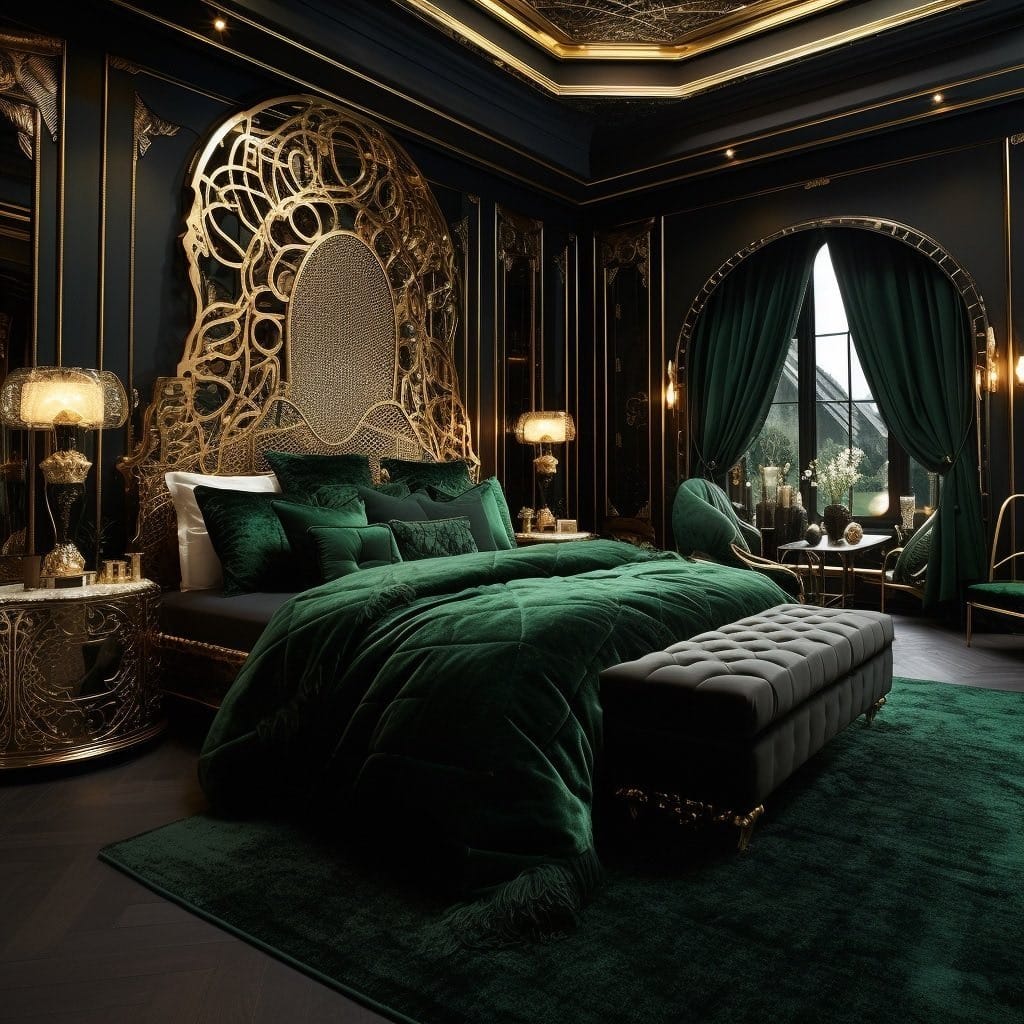 1. Glamorous Emerald and Gold Statement Bedroom - emerald green bedroom ideas