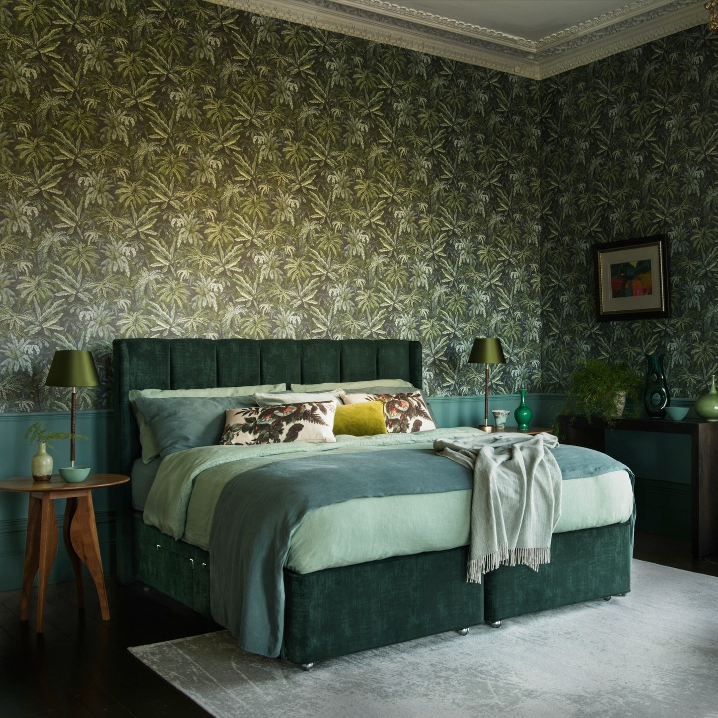 6. Botanical Emerald Wallpaper Bedroom - emerald green bedroom ideas