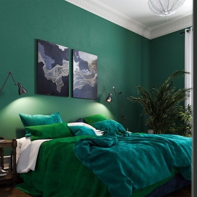 8. Contemporary Emerald Bedroom with Artwork Focus - emerald green bedroom ideas
