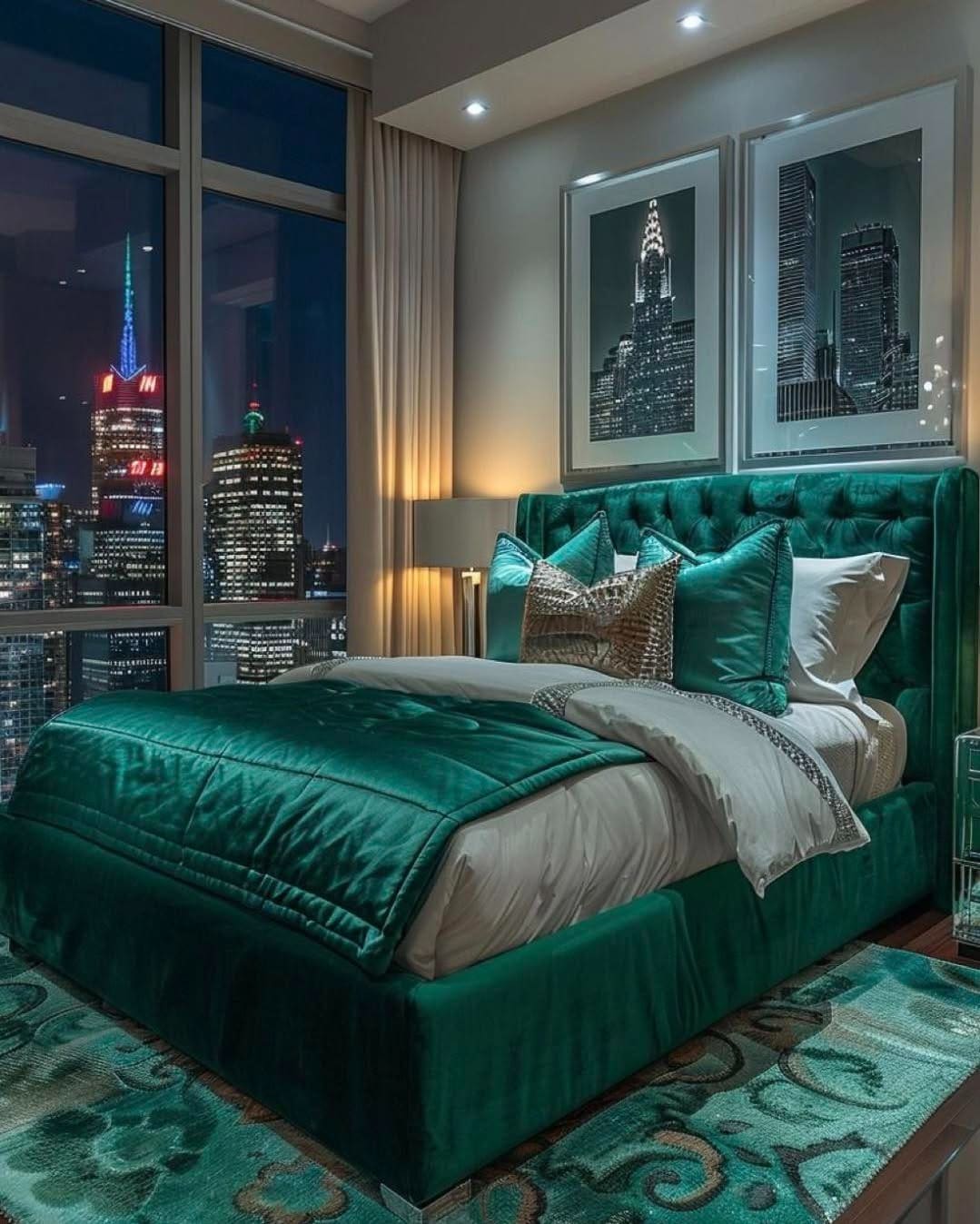 11. Emerald Velvet Bedroom with City Skyline View - emerald green bedroom ideas