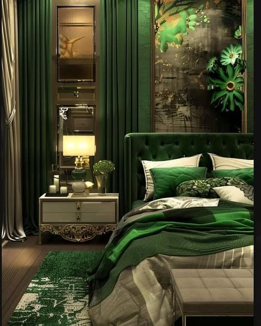 12. Layered Emerald Drapery with Artistic Wall Feature - emerald green bedroom ideas