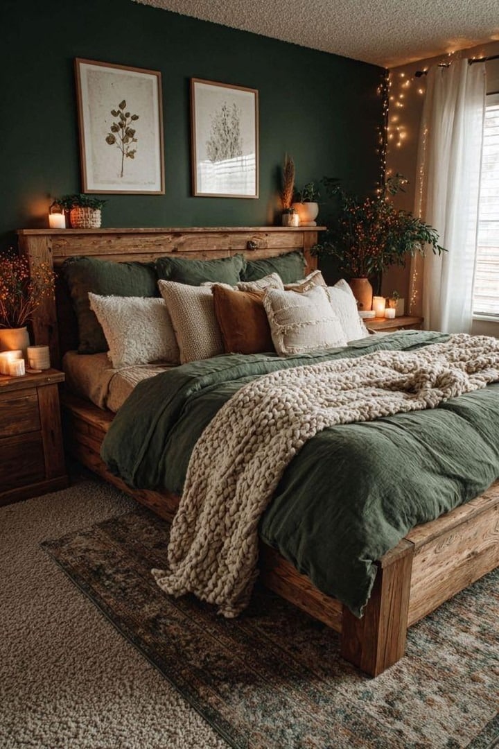 13. Rustic Emerald Bedroom with Warm Neutrals - emerald green bedroom ideas