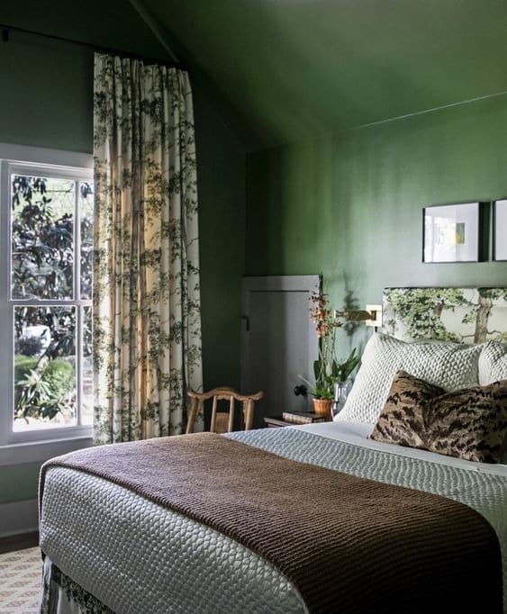 15. Soft Green Bedroom with Botanical Textiles - emerald green bedroom ideas