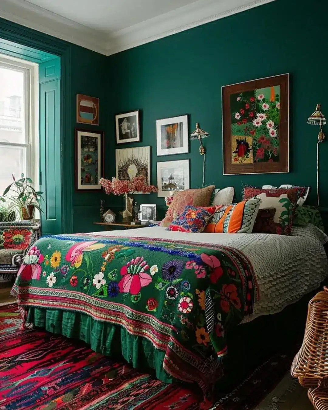 17. Eclectic Emerald Bedroom with Bold Patterns - emerald green bedroom ideas