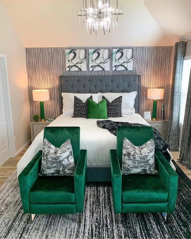18. Modern Bedroom with Emerald Seating Accents - emerald green bedroom ideas