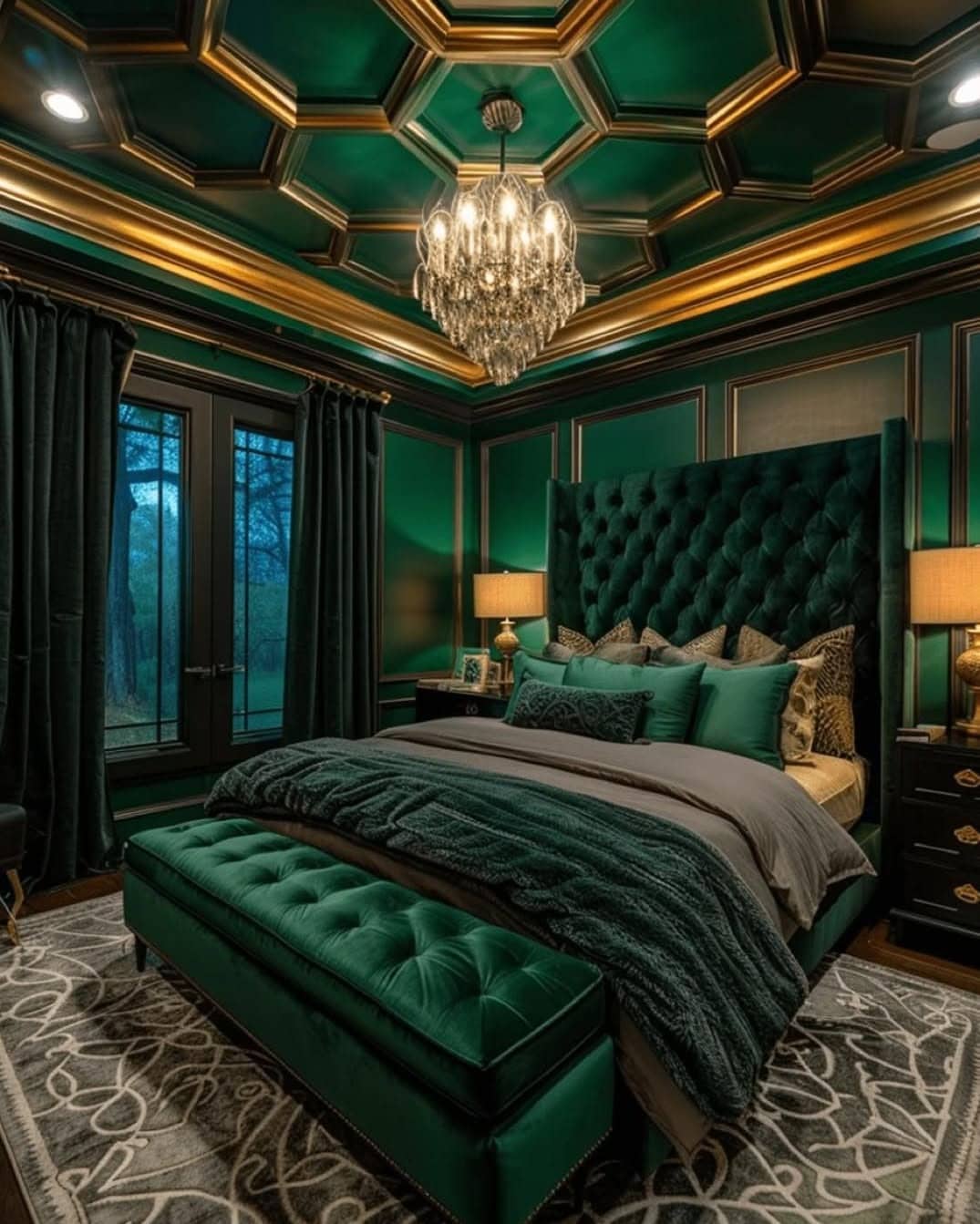 19. Classic Emerald Panel Bedroom with Gold Ceiling Detail - emerald green bedroom ideas