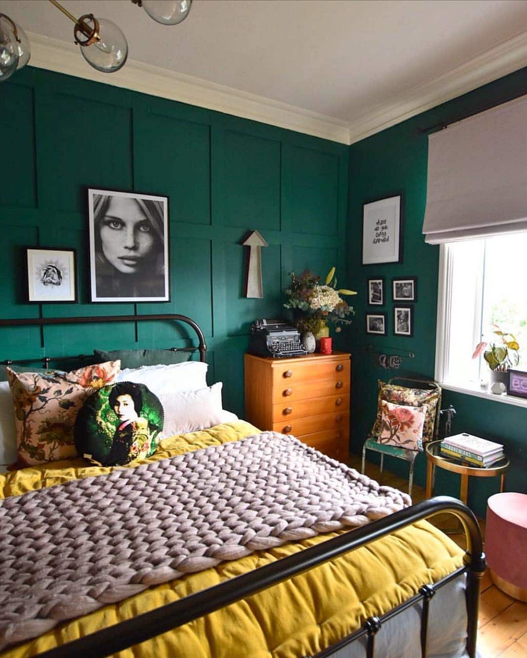 20. Vintage-Inspired Emerald Bedroom with Mixed Textiles - emerald green bedroom ideas