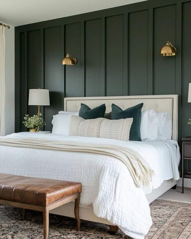 21. Emerald Panel Wall with Soft Neutral Bedding - emerald green bedroom ideas