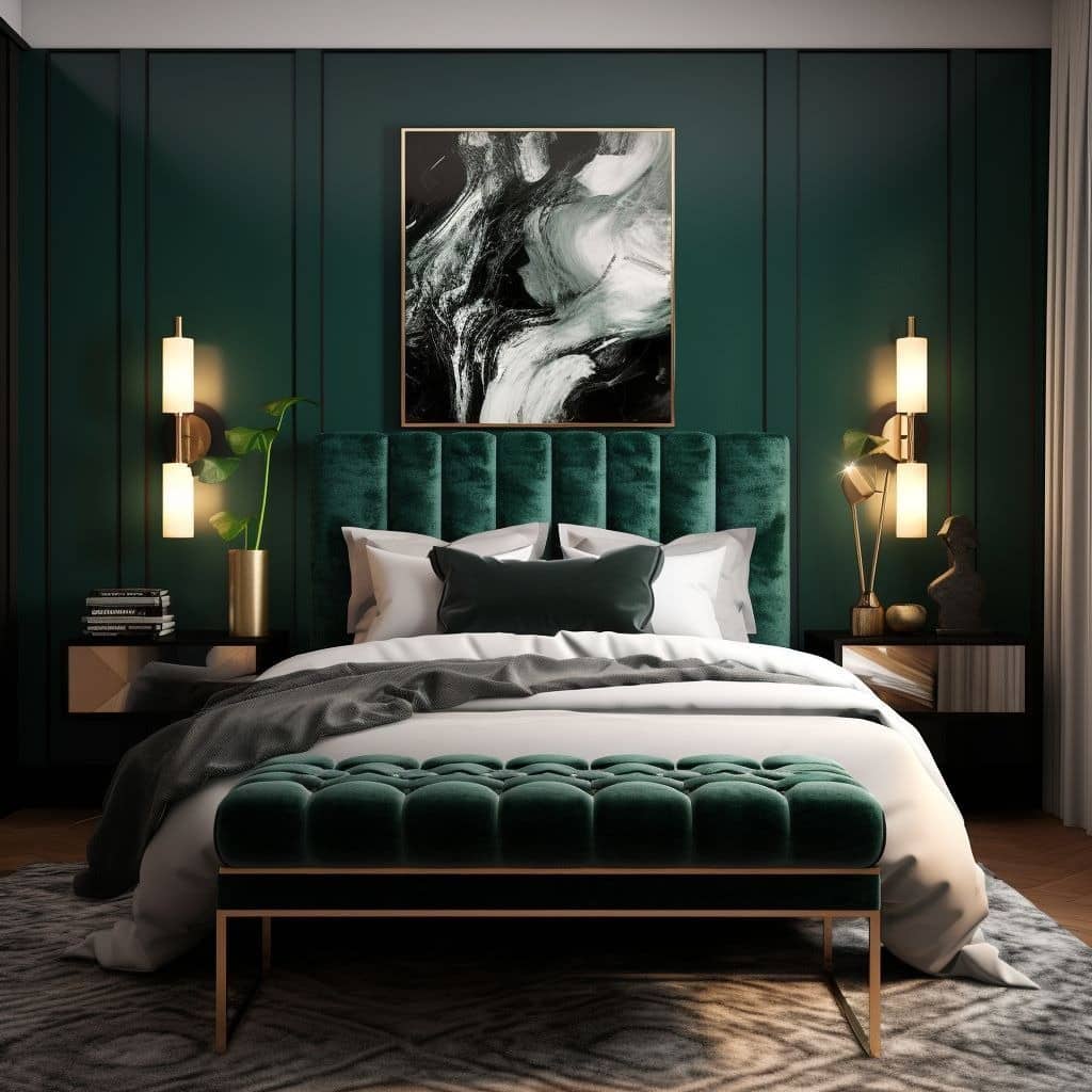 22. Modern Emerald Feature Wall with Velvet Accents - emerald green bedroom ideas