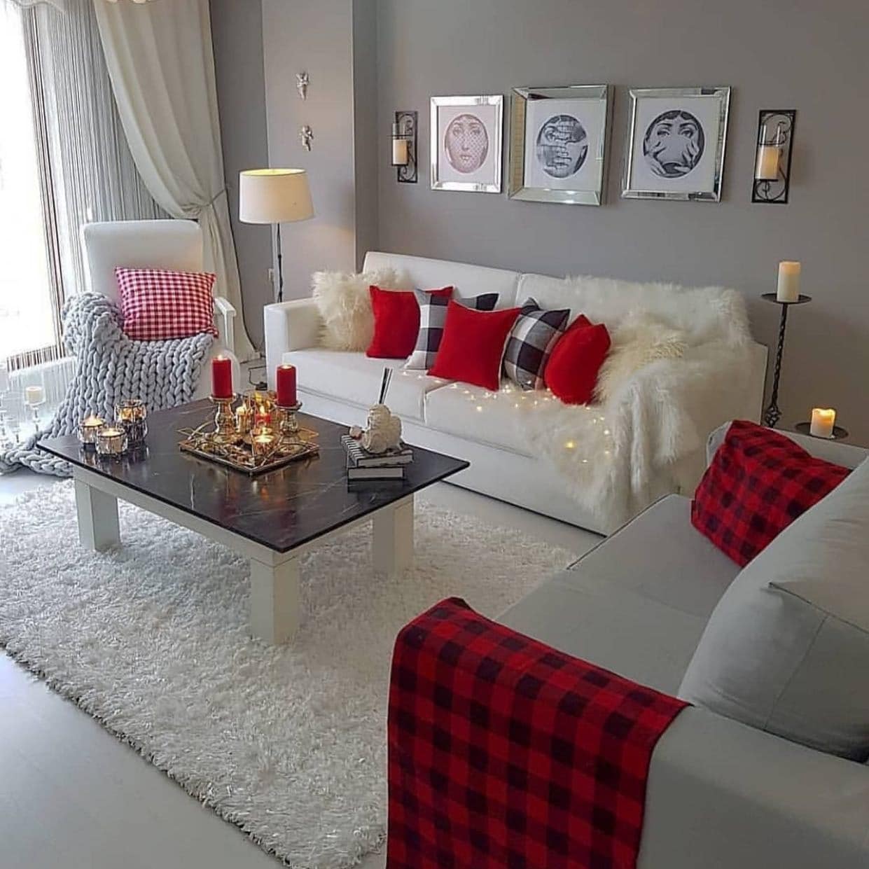 5. Cozy White and Gray Living Room with Red Textiles - gray and red living room ideas
