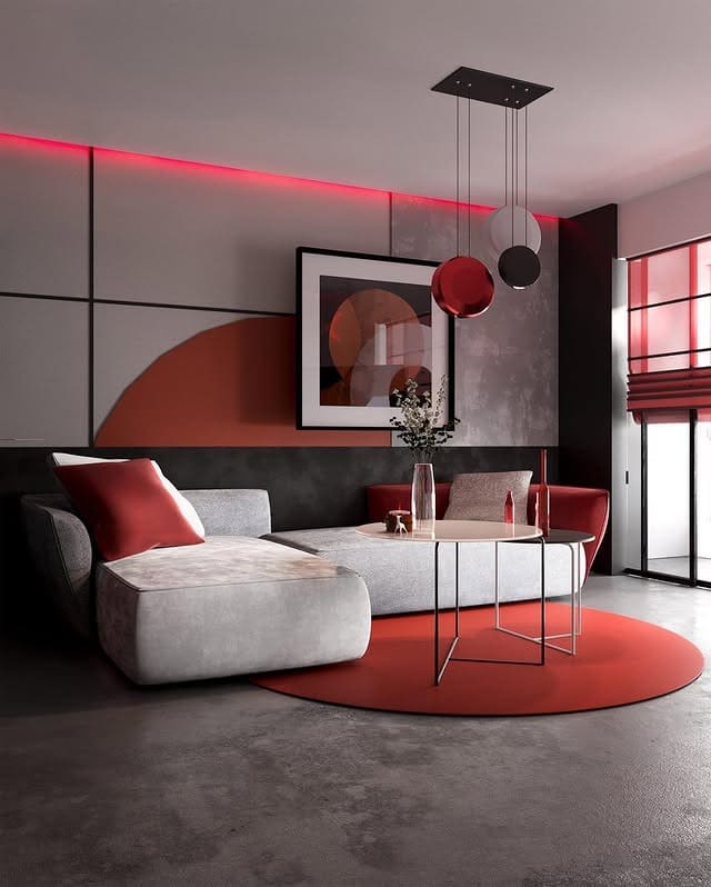 6. Minimalist Gray Seating with Statement Red Lighting - gray and red living room ideas