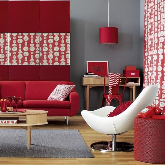 8. Playful Red and Gray Living Room with Graphic Elements - gray and red living room ideas