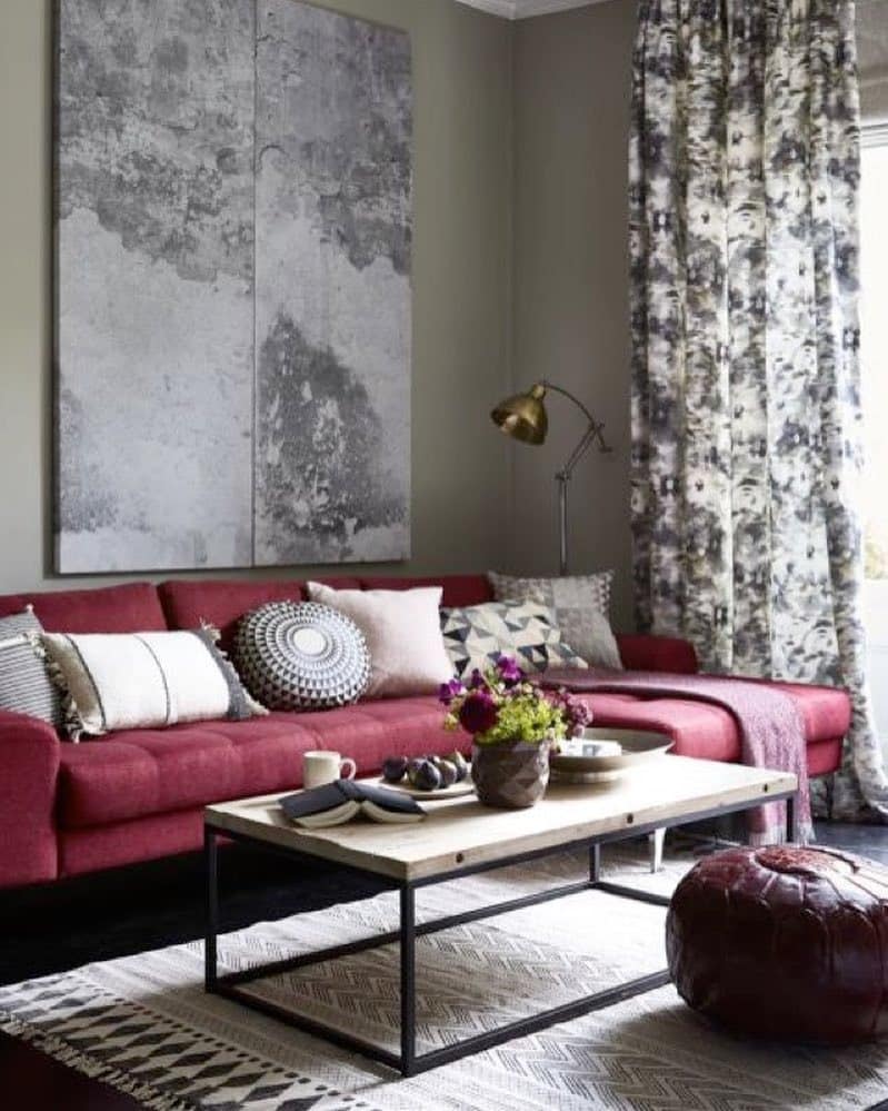 10. Soft Gray and Red Lounge with Textured Layers - gray and red living room ideas