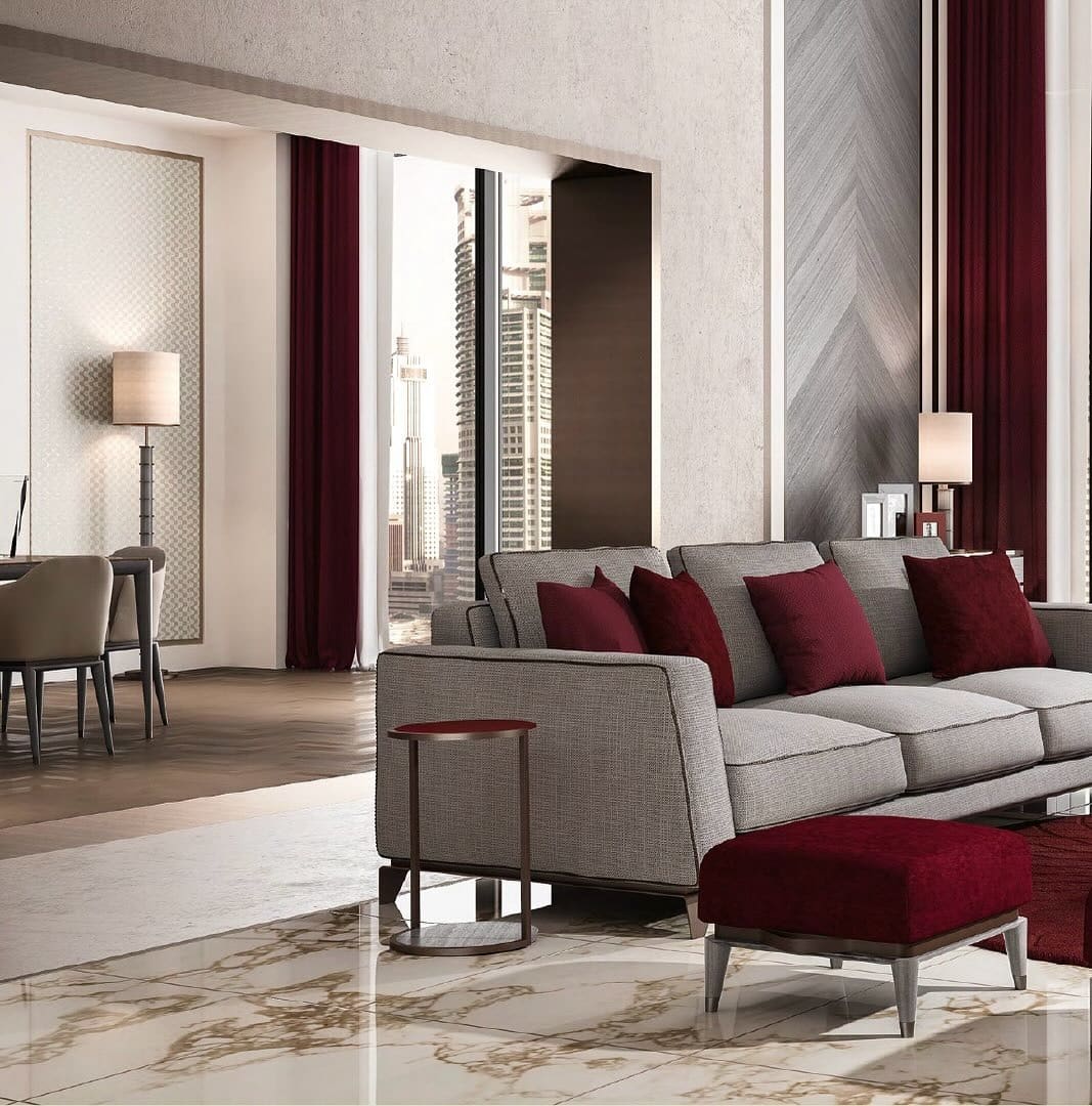 14. Elegant Neutral Living Room with Burgundy Textiles - gray and red living room ideas