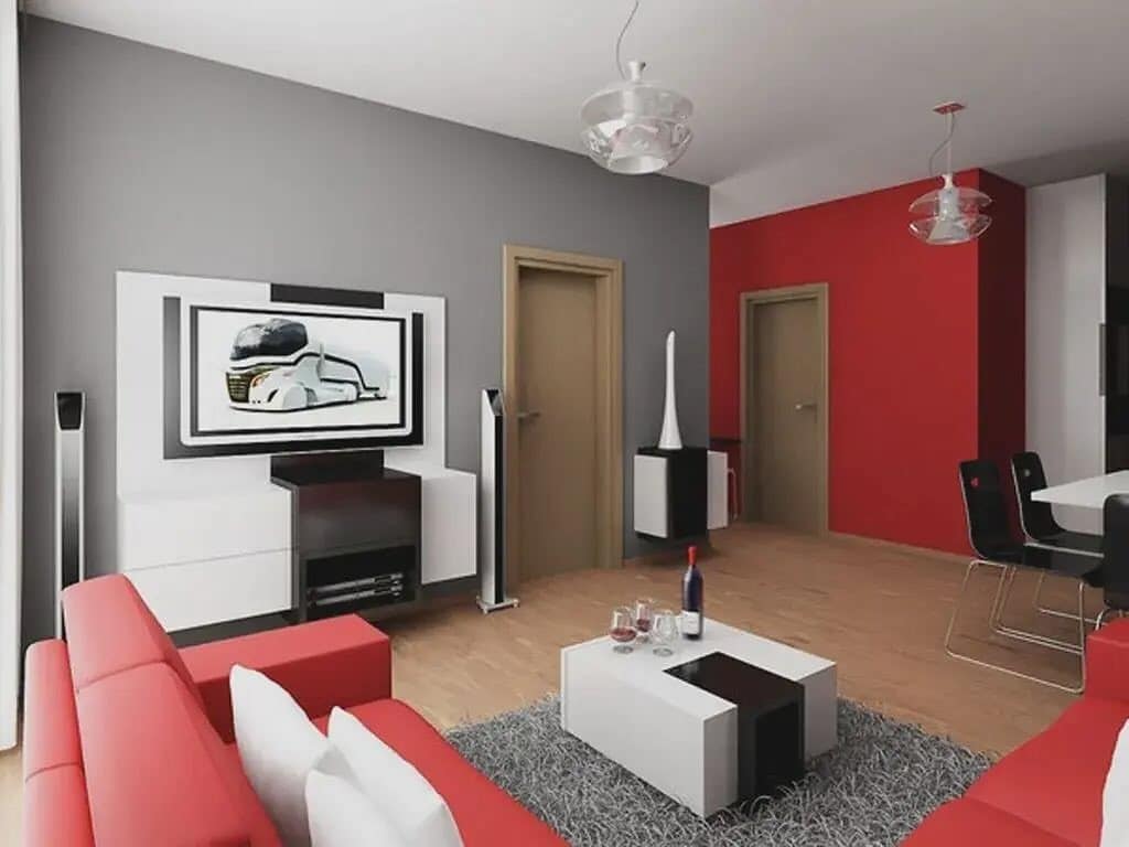 20. Sleek Gray and Red Living Room with Geometric Contrast - gray and red living room ideas