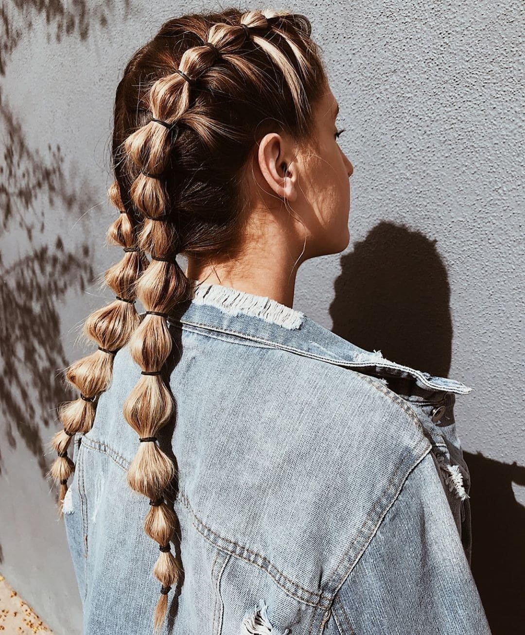 19. Caramel Brown Bubble Braid Layered Ponytail - Layered Ponytail Hairstyles
