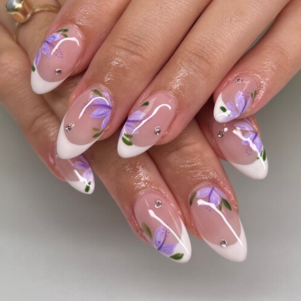 2. Lavender Floral French Almond Nails - cute nail ideas