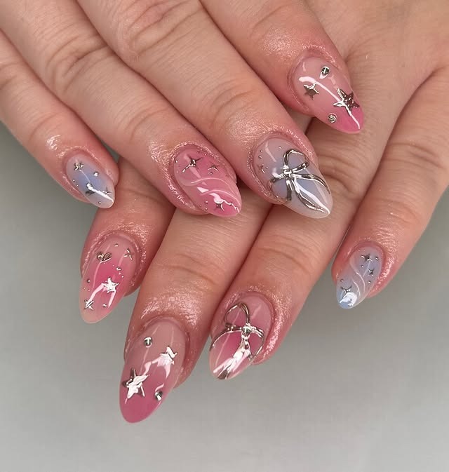 7. Pastel Pink and Grey Bow Detail Nails - cute nail ideas