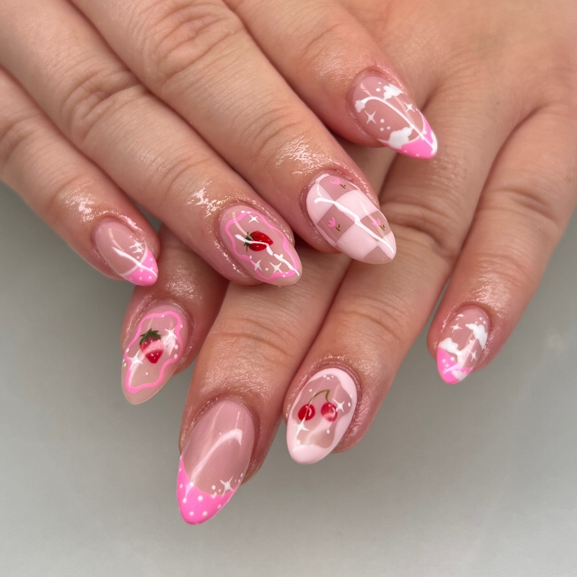9. Strawberry & Cherry Pink Art Nails - cute nail ideas