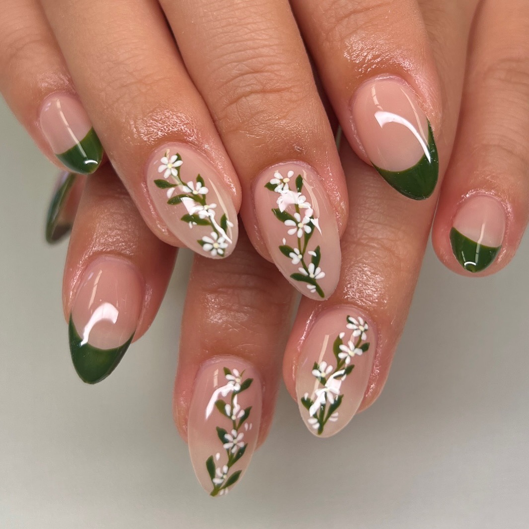 12. Deep Green French Tips with White Floral Art - cute nail ideas