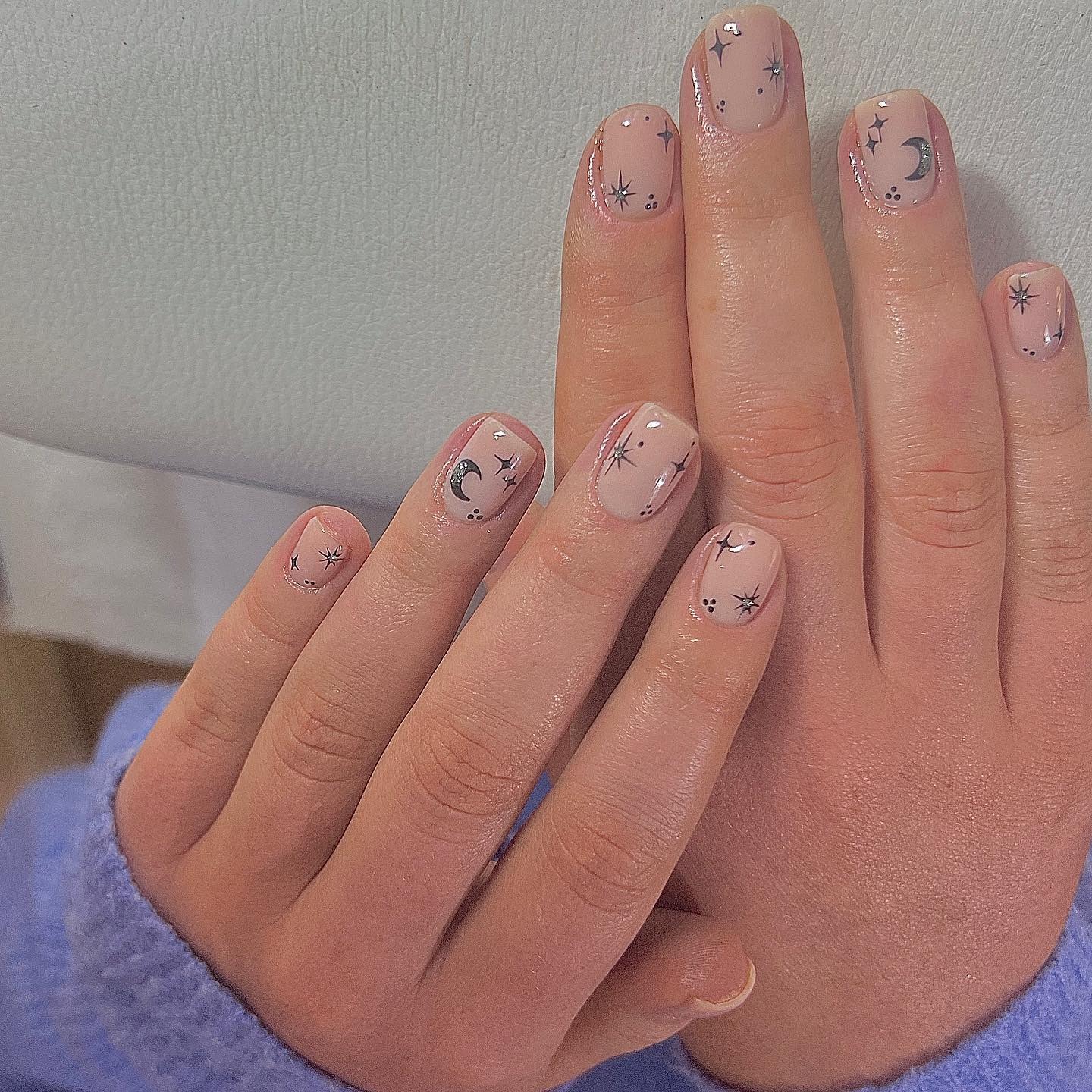 13. Soft Nude Celestial Star & Moon Nails - cute nail ideas