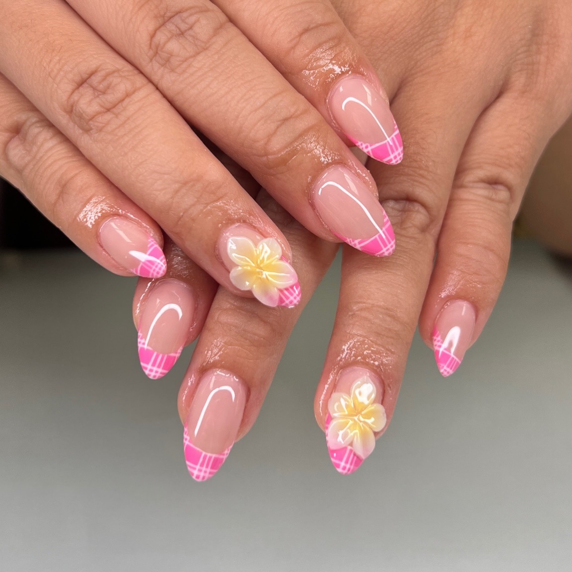 21. Pink Plaid French Tips with 3D Floral Accent - cute nail ideas