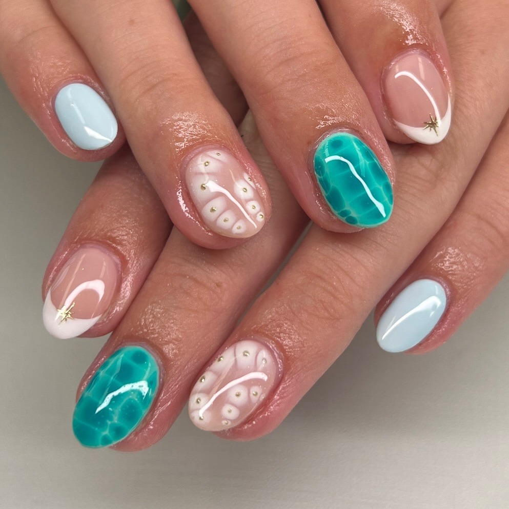 22. Aqua Marble and Soft Blue Mixed Design Nails - cute nail ideas