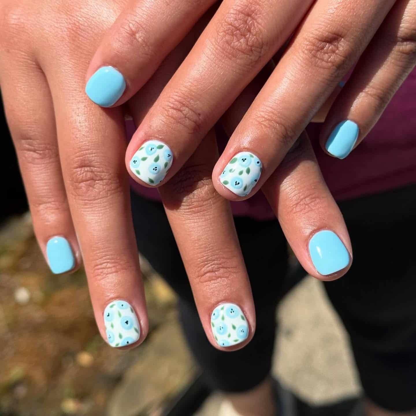 3. Baby Blue Floral Accent Square Nails - blue spring nail ideas