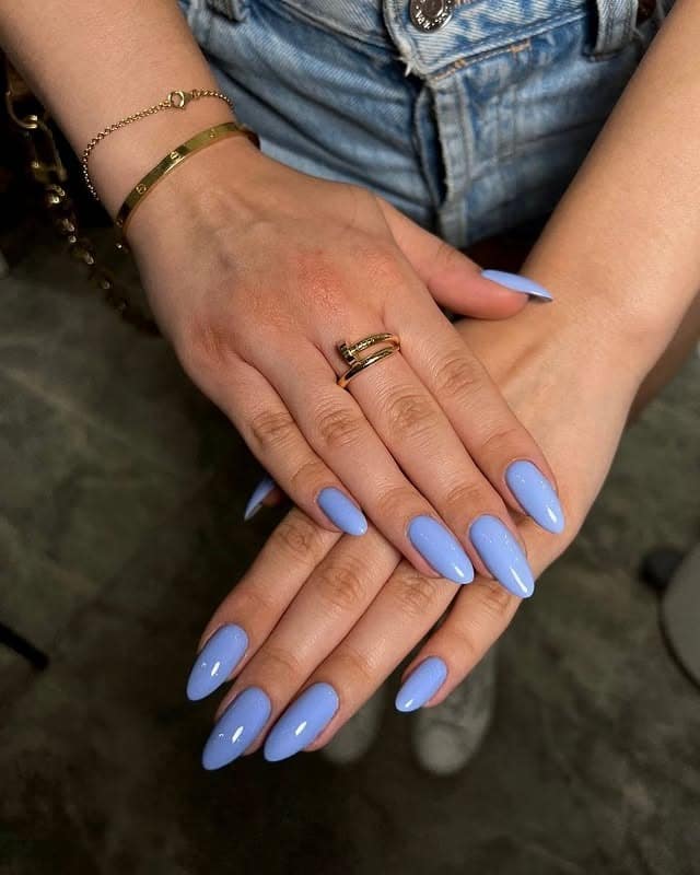 9. Blue and White Micro Floral Almond Nails - blue spring nail ideas