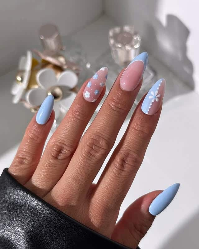 10. Powder Blue Minimal Almond Nails - blue spring nail ideas