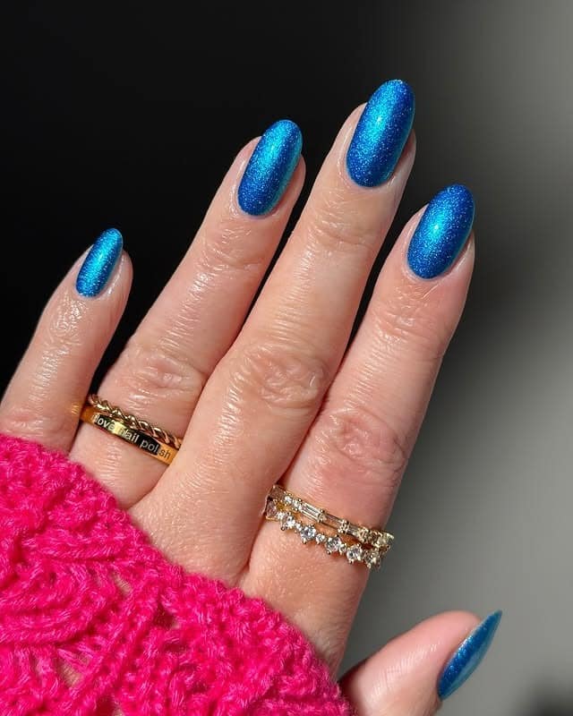 12. Metallic Sapphire Shimmer Oval Nails - blue spring nail ideas