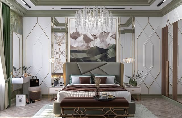 2. Elegant Olive Green Bedroom with Gold Accents - olive green bedroom ideas