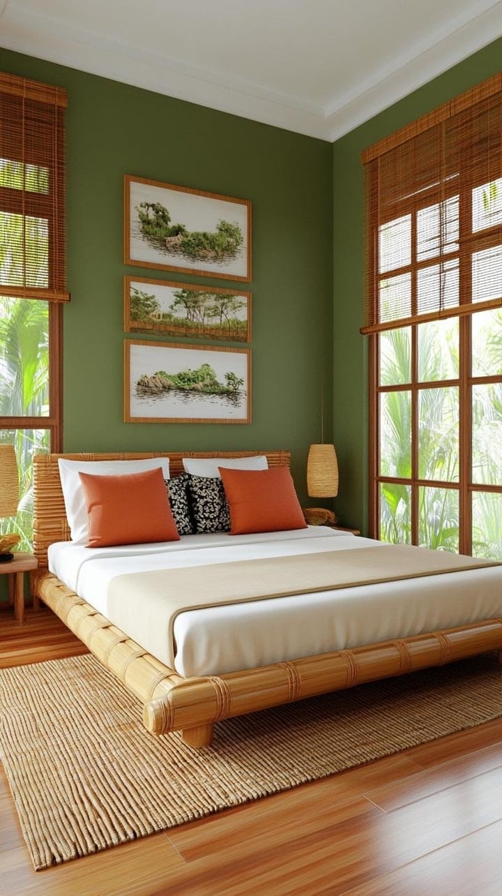 3. Natural Olive Green Bedroom with Bamboo Elements - olive green bedroom ideas