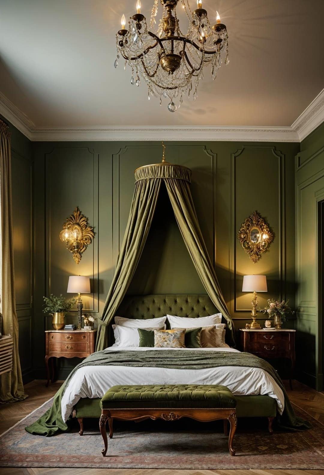 4. Classic Olive Green Bedroom with Canopy Bed - olive green bedroom ideas