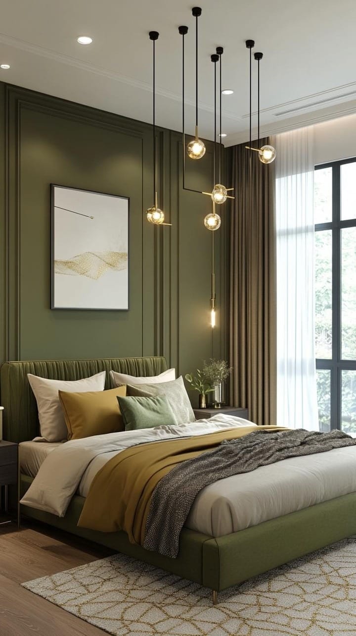 5. Contemporary Olive Green Bedroom with Pendant Lighting - olive green bedroom ideas