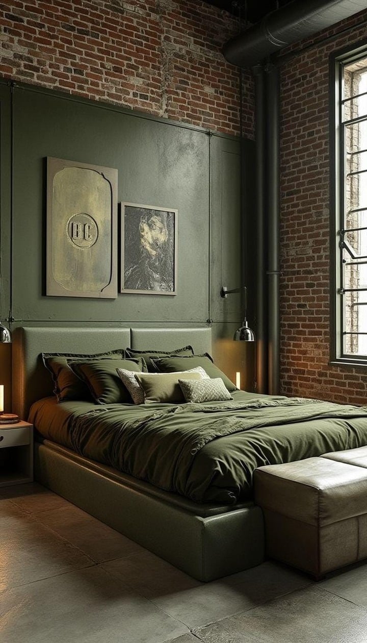 6. Industrial Olive Green Bedroom with Brick Walls - olive green bedroom ideas
