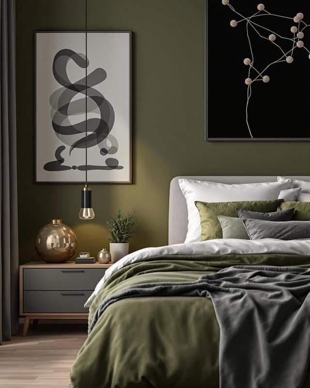 7. Minimal Olive Green Bedroom with Artistic Accents - olive green bedroom ideas