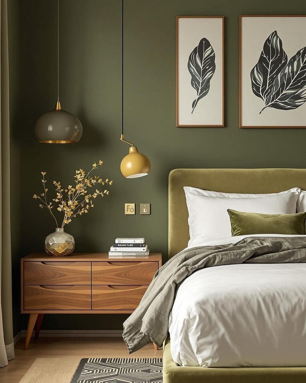 8. Mid-Century Olive Green Bedroom with Wood Furniture - olive green bedroom ideas