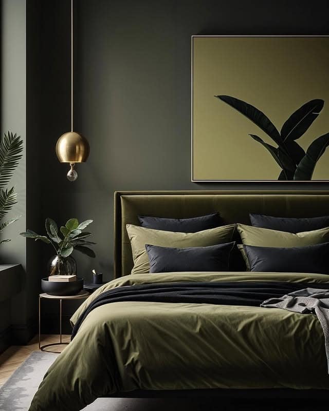 9. Moody Olive Green Bedroom with Dark Contrast - olive green bedroom ideas