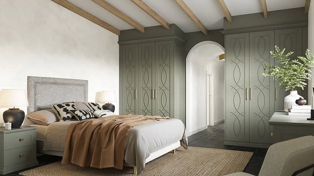 11. Soft Olive Green Bedroom with Built-In Wardrobes - olive green bedroom ideas
