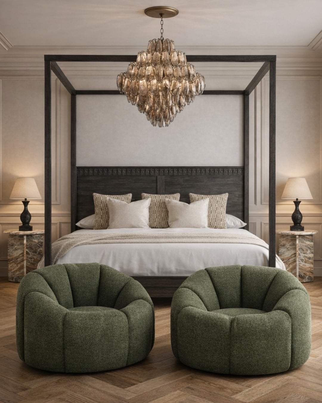 12. Classic Olive Green Bedroom with Canopy Frame and Statement Lighting - olive green bedroom ideas