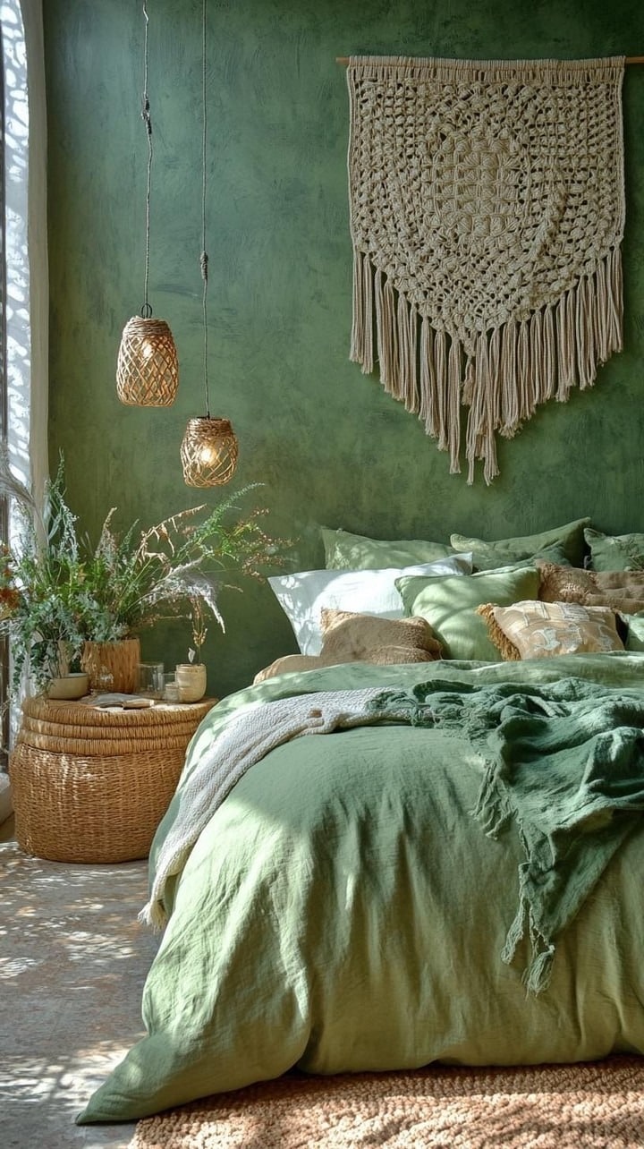13. Textured Olive Green Bedroom with Bohemian Accents - olive green bedroom ideas